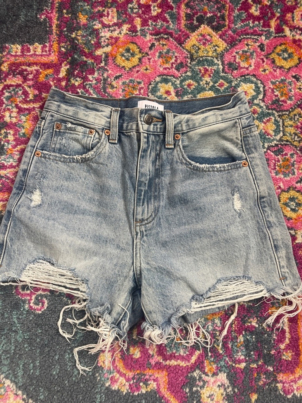 pistola faded light blue distressed high-rise denim shorts